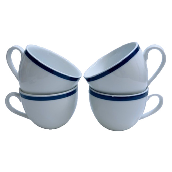 Williams-Sonoma Flat Cup Brasserie Blue Set of 4 White w/Blue Band Japan - Picture 1 of 14